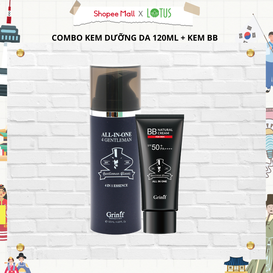 Bộ kem dưỡng trắng, che khuyết điểm cho nam giới All In One 4 Gentleman 120ml và Grinif Natural BB Cream for Men 50g