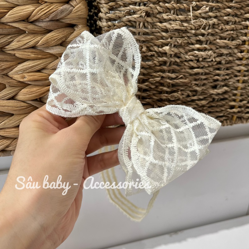 Băng đô turban nơ voan handmade màu kem cho bé
