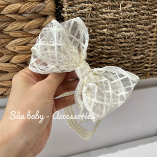 Băng đô turban nơ voan handmade màu kem cho bé