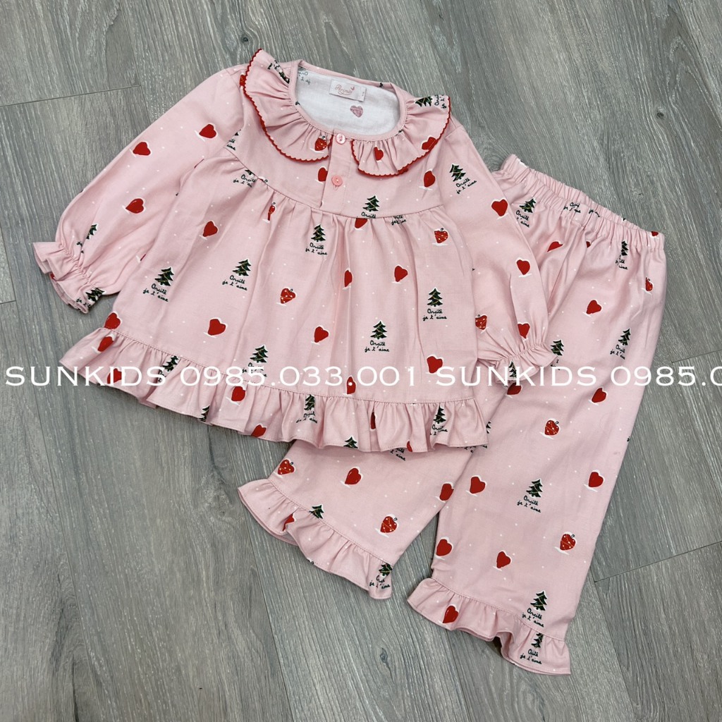 Bộ Pijama thu đông bé trai bé gái xuất Hàn họa tiết trái tim noel