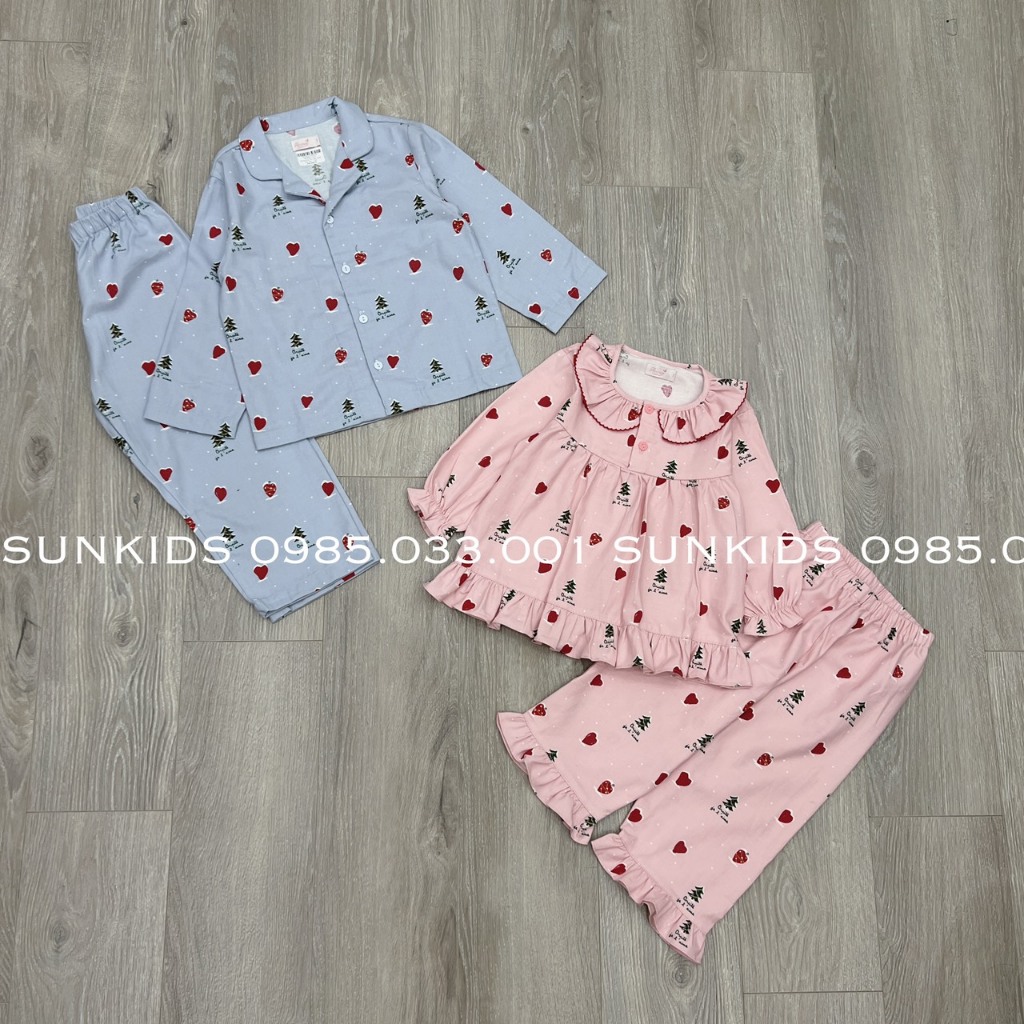 Bộ Pijama thu đông bé trai bé gái xuất Hàn họa tiết trái tim noel