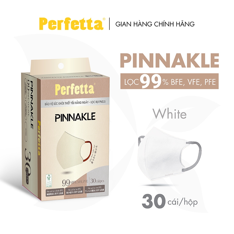 Khẩu Trang Cao Cấp Chính Hãng Perfetta Pinnakle, 3 Lớp Kháng Khuẩn, Quai Đeo Thun Bông, Lớp Trong Mềm Mịn (30 cái/hộp)