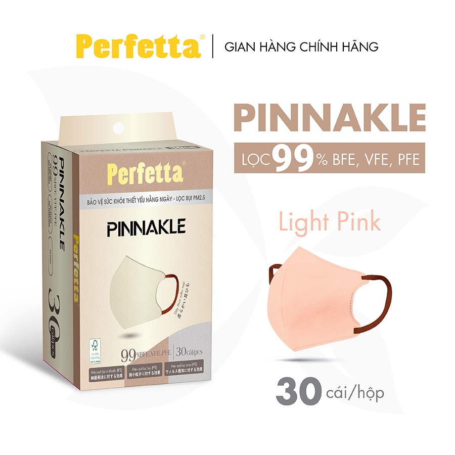 Khẩu Trang Cao Cấp Chính Hãng Perfetta Pinnakle, 3 Lớp Kháng Khuẩn, Quai Đeo Thun Bông, Lớp Trong Mềm Mịn (30 cái/hộp)