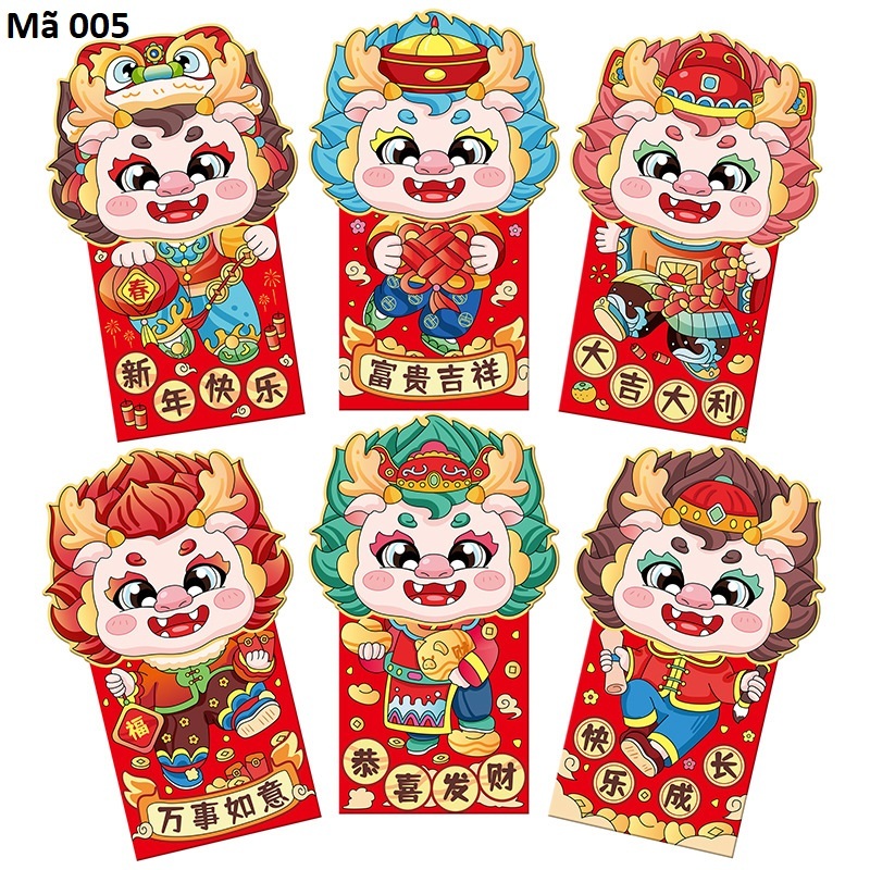 Combo 6 bao lì xì trung cao cấp 2024 Giáp Thìn