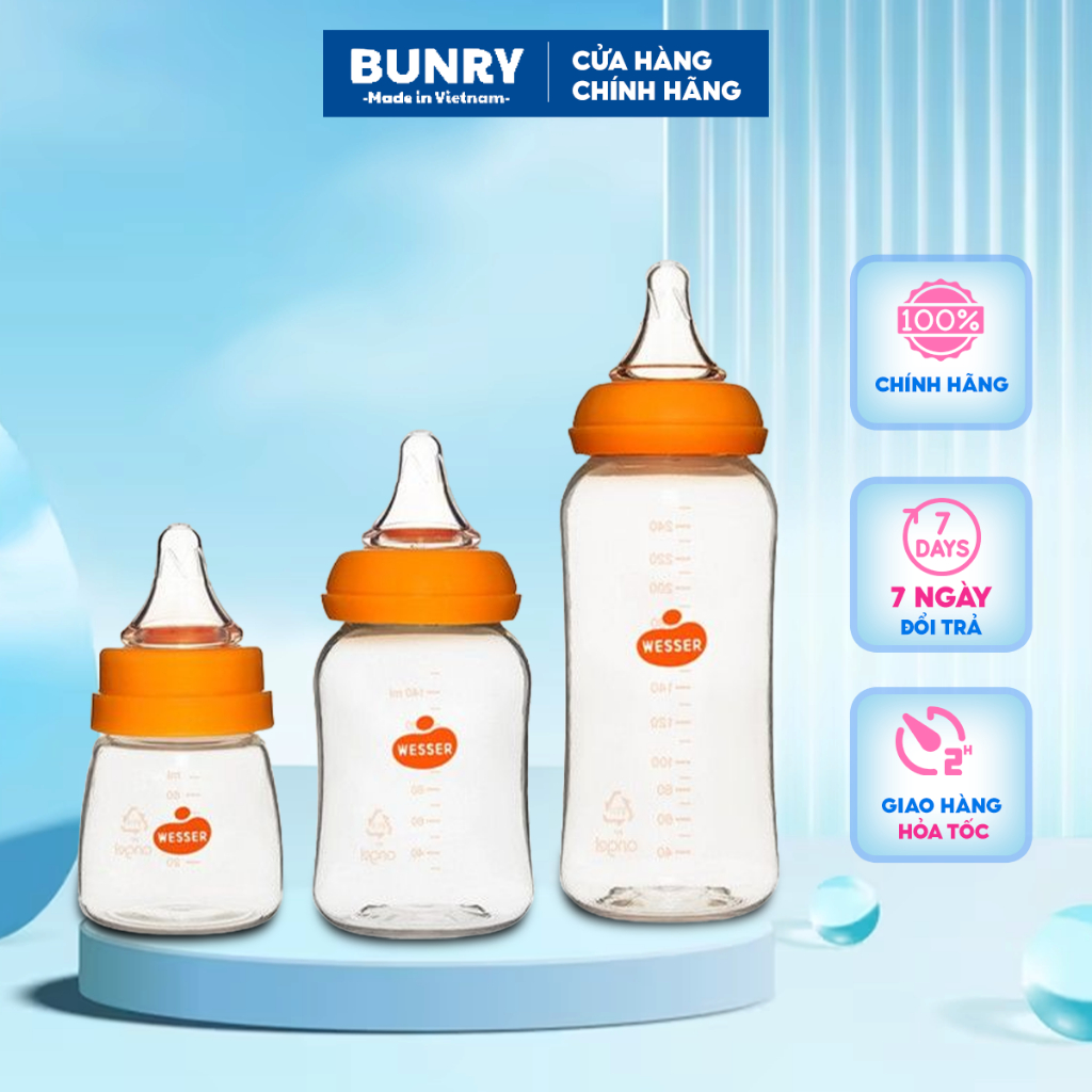 Bình sữa weser chống đầy hơi, chống sặc ở trẻ dung tích 60ml,140ml,250ml. Bình sữa cho bé có núm ty mềm mại Bunry shop