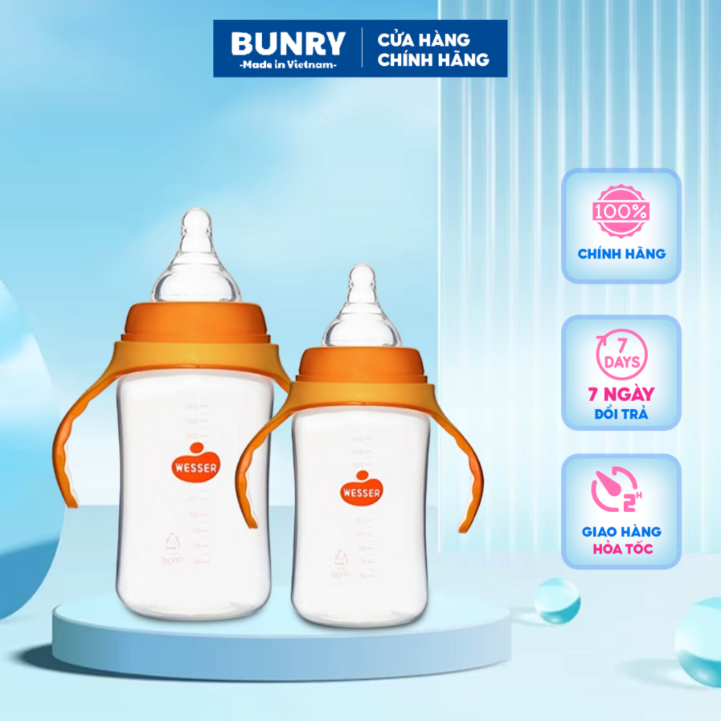 Bình sữa weser núm ty mềm mại 180ml, 260ml .Bình sữa cổ rộng weser có ống hút thay thế thành bình ống hút Bunry shop