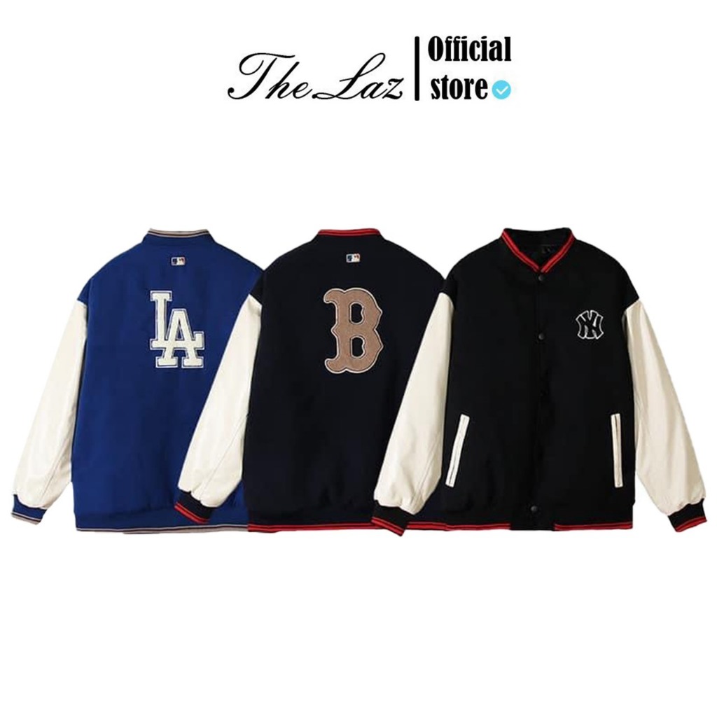 Áo Khoác Bomber varsity jacket MLB NY Thêu Xù Phối Tay Da Siêu Đẹp Vải Dạ Siêu Cứng