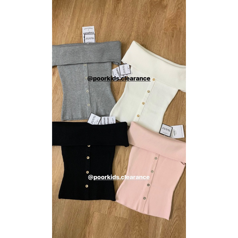 Áo trễ vai ningning top tingoan đen trắng hồng new tag