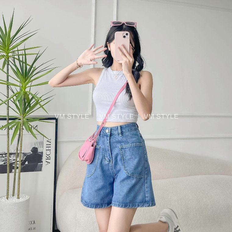 Quần short jean nữ VMSTYLE lai thường 2 túi trước cạp cao 307 - SJU00029