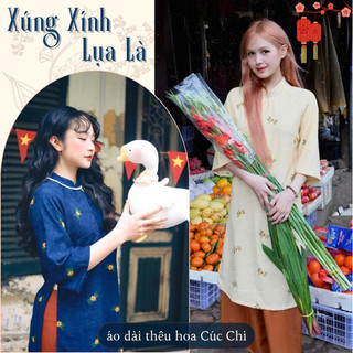 Áo Dài Nhung Tăm Cách Tân Dáng Suông thêu hoa Cúc Chi