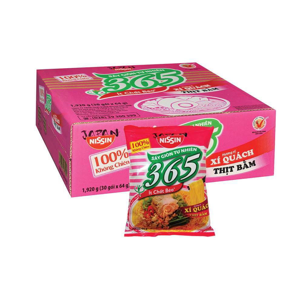 Thùng 30 gói mì không chiên Nissin 365  Xí Quách Thịt Bằm,  Lẩu Thái Hải Sản, Rong Biển