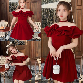 Váy nhung đỏ trễ vai dáng xoè kèm tay bèo rời choker, Đầm nữ dự tiệc đi chơi noel tết sang chảnh dễ thương hàn quốc