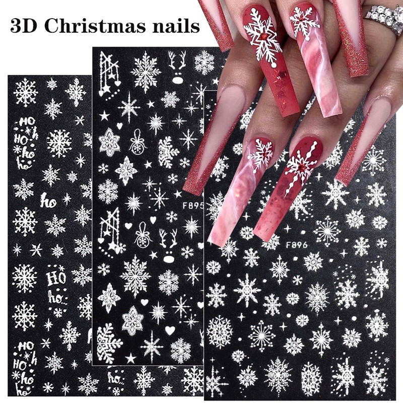 Sticker Noel dán móng nail bông tuyết Giáng sinh 3D kim tuyến