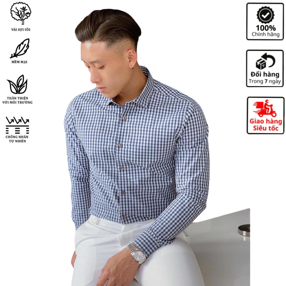 Áo sơ mi nam kẻ caro tay dài , dáng công sở Hàn Quốc , form ôm phối họa tiết cao cấp , chất mát , chống nhăn