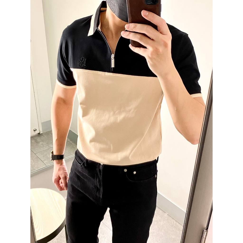 Áo polo nam phối thân với khóa zip trẻ trung , chất vải cá sấu cotton 4 chiều cao cấp , form slim fit trẻ trung