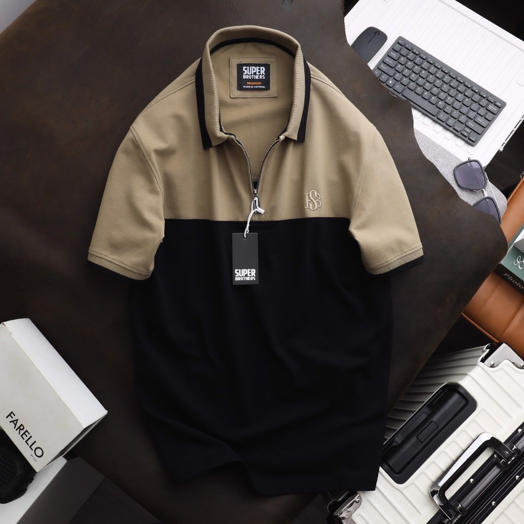 Áo polo nam phối thân với khóa zip trẻ trung , chất vải cá sấu cotton 4 chiều cao cấp , form slim fit trẻ trung
