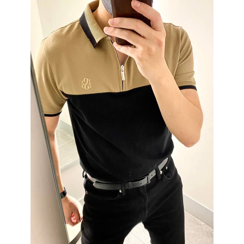 Áo polo nam phối thân với khóa zip trẻ trung , chất vải cá sấu cotton 4 chiều cao cấp , form slim fit trẻ trung