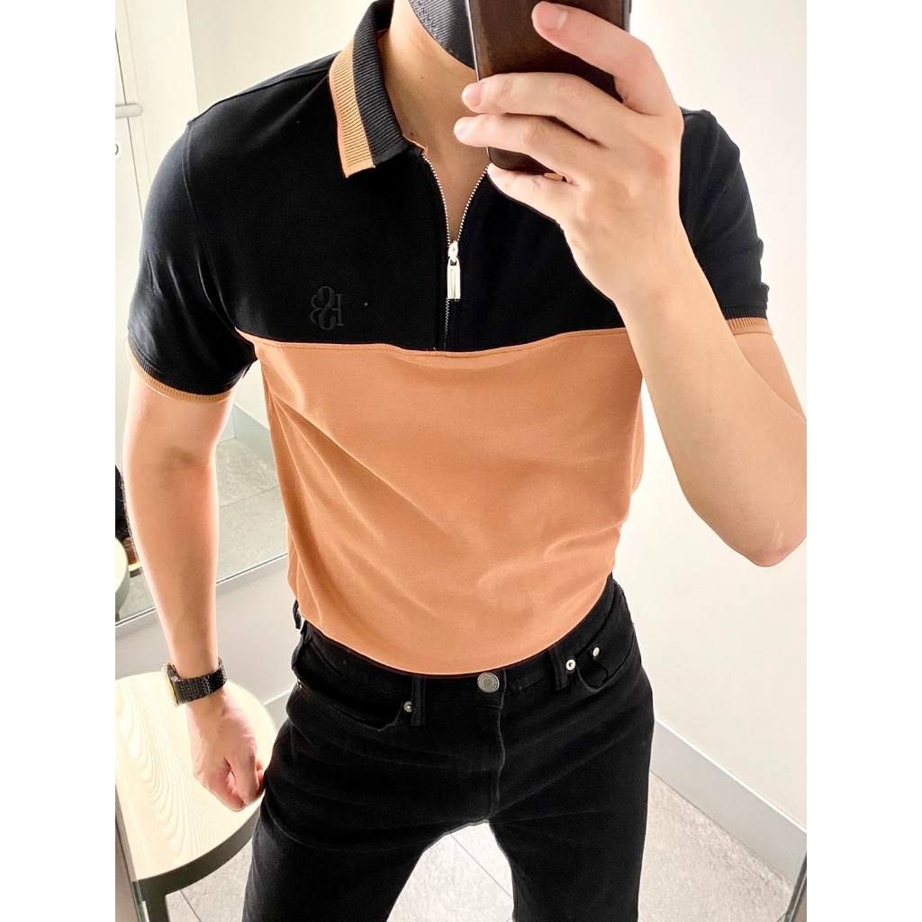 Áo polo nam phối thân với khóa zip trẻ trung , chất vải cá sấu cotton 4 chiều cao cấp , form slim fit trẻ trung