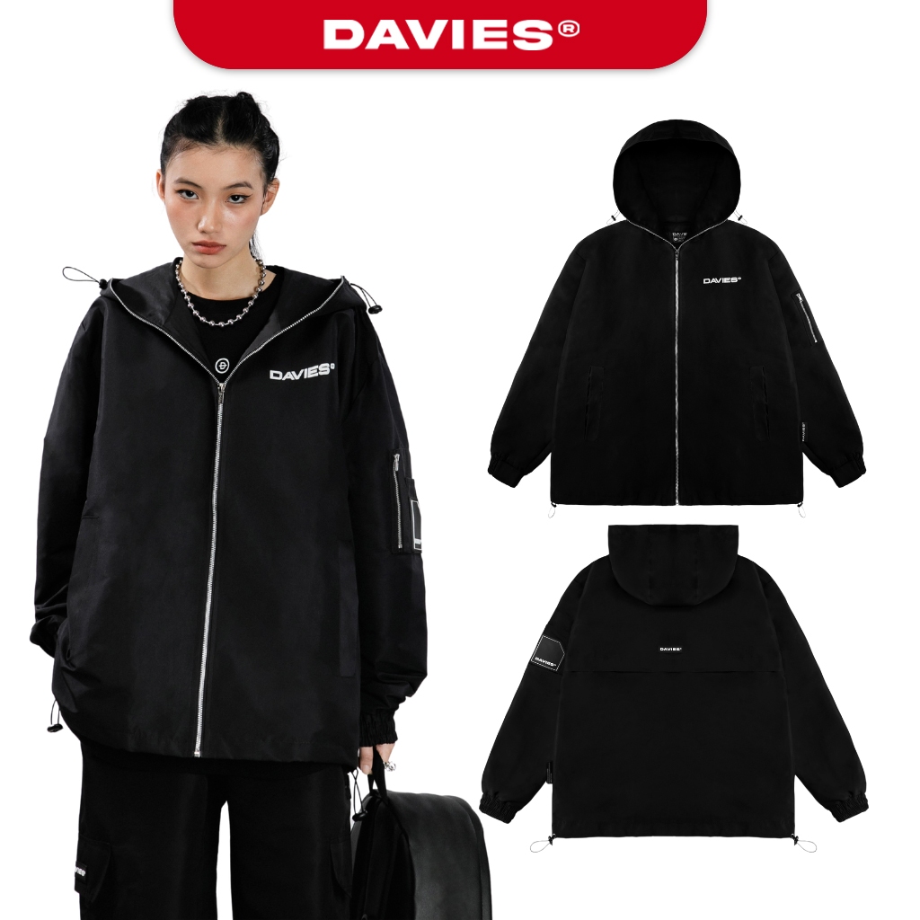 Áo khoác dù nam nữ form rộng có nón màu đen Badge Hooded Jacket local brand Davies I D34-AK5