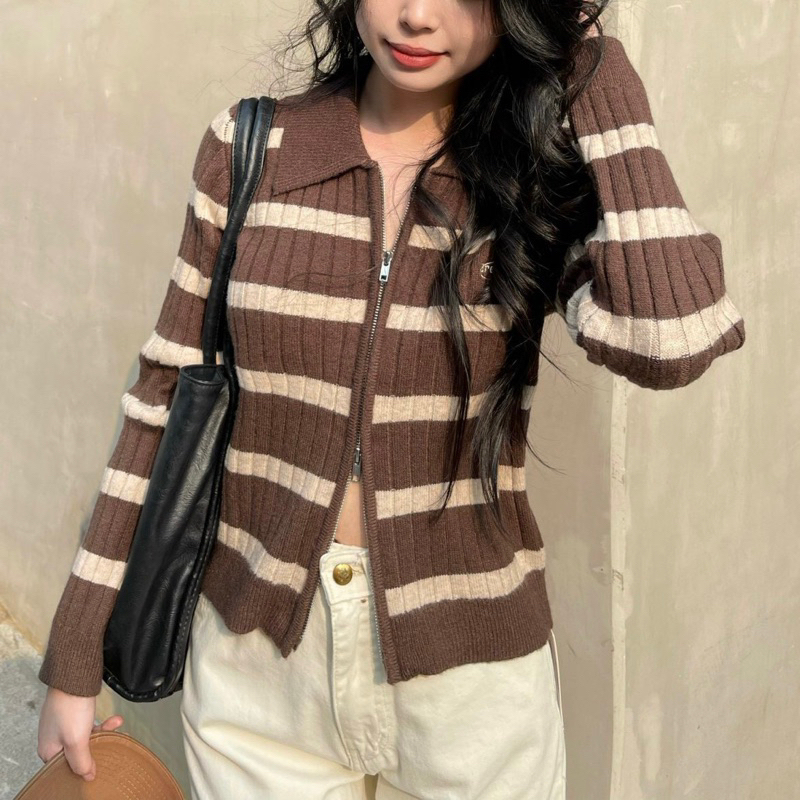 Áo len khoá zip kẻ ngang chất đẹp