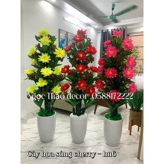 Cây hoa súng cherry 1m6 giả, cây hoa giả trang trí