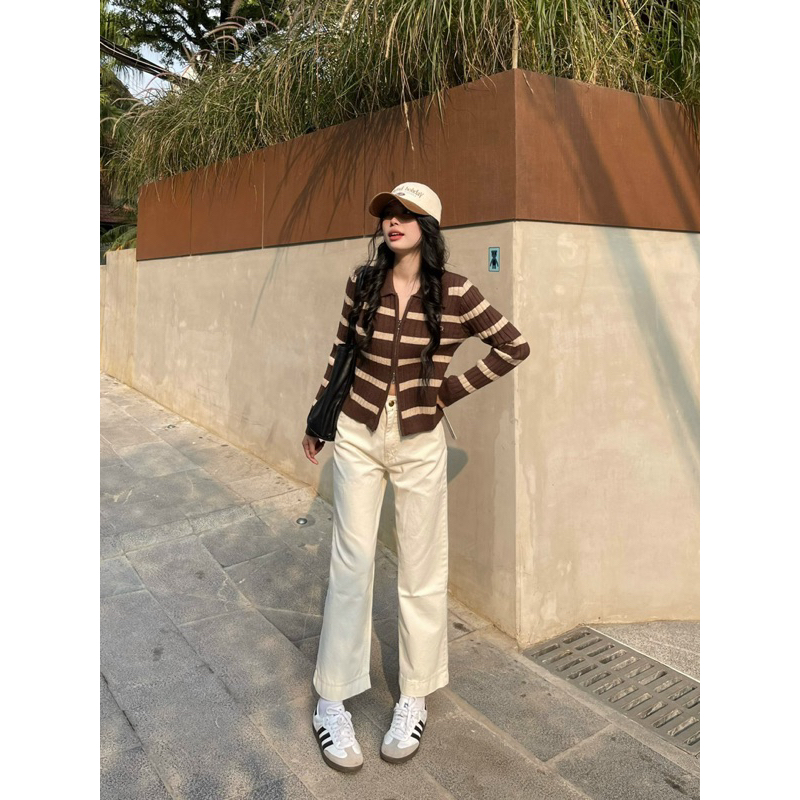 Áo len khoá zip kẻ ngang chất đẹp