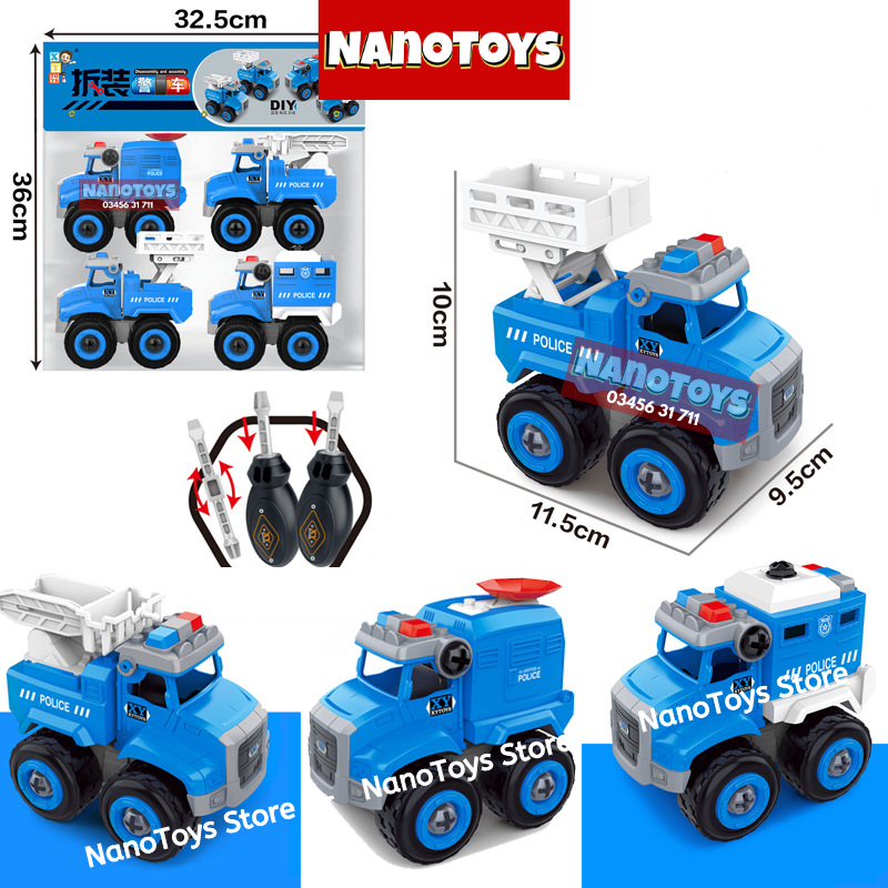 Đồ chơi xe Cảnh sát lắp ráp - bộ 4 xe kèm tua vít - NANOTOYS STORE