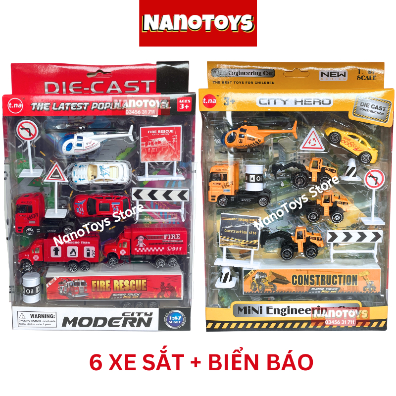 Đồ chơi xe sắt cứu hỏa, quân sự, công trình, xe tải hạng nặng, cảnh sát - set 4, 6, 8 xe - NANOTOYS STORE