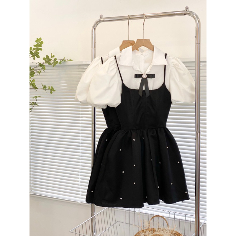 Set đầm tiểu thư tay phồng có bo eo tôn dáng nhà LEYLA