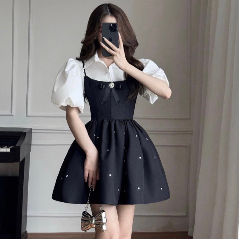 Set đầm tiểu thư tay phồng có bo eo tôn dáng nhà LEYLA