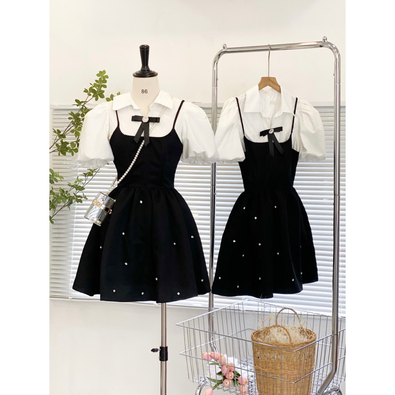 Set đầm tiểu thư tay phồng có bo eo tôn dáng nhà LEYLA