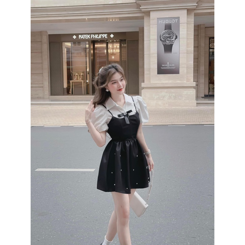 Set đầm tiểu thư tay phồng có bo eo tôn dáng nhà LEYLA