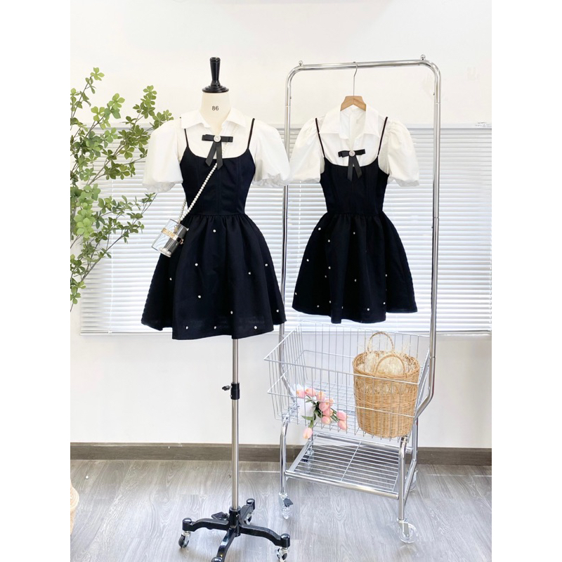 Set đầm tiểu thư tay phồng có bo eo tôn dáng nhà LEYLA