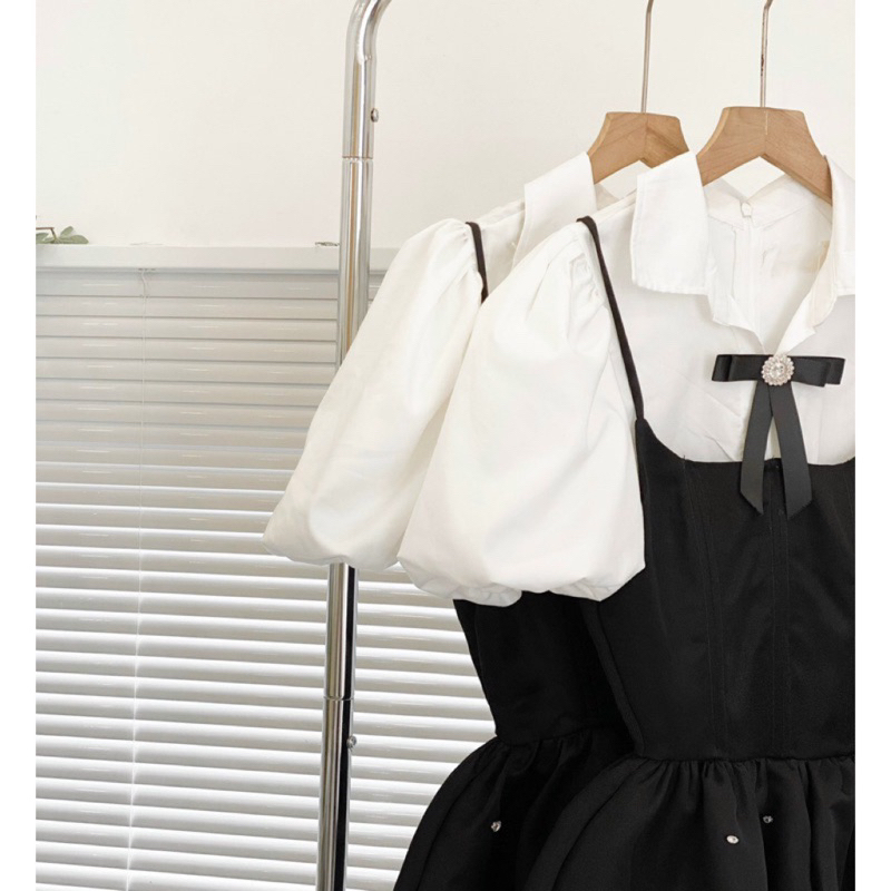 Set đầm tiểu thư tay phồng có bo eo tôn dáng nhà LEYLA