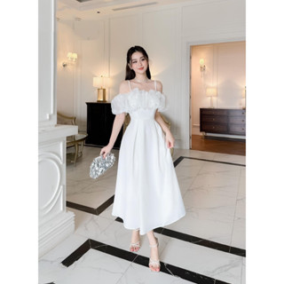 Đầm Đi Dự Đám Cưới Trắng Dài Sang Chảnh Trễ Vai 2 Dây Bèo Ngực Dự Tiệc Thiết Kế Xinh Nhẹ Nhàng Vải Tafta Lụa D0840