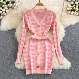 #4427 [Order] Đầm Quảng Châu dài tay cổ chữ V phối kẻ dáng ôm màu hồng tôn dáng
