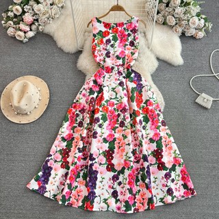 #4430 [Sẵn một số size] Đầm không tay cổ tròn nền trắng họa tiết có lót trong phong cách retro