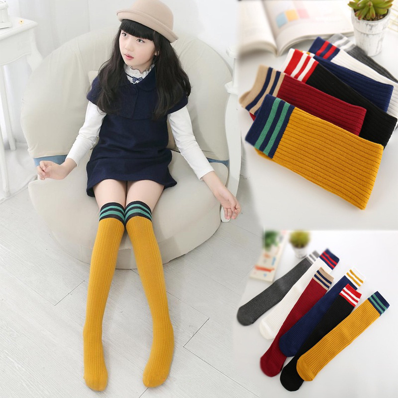 Set 5 đôi tất cotton Cao Đùi Học Sinh Gân Tăm Kẻ Cổ Bé Gái sợi bông mềm mại thoáng khi khử mùi
