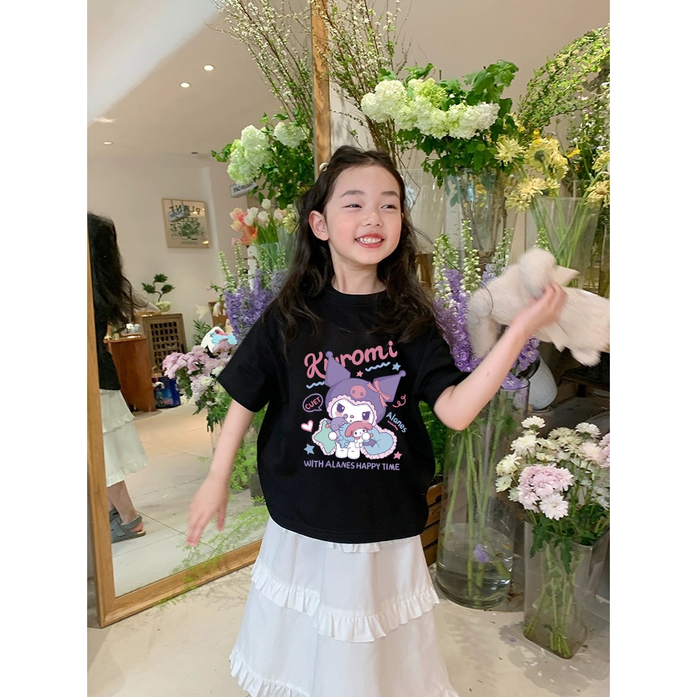 Áo thun cho bé gái UTO áo ngắn tay chất cotton mềm mịn thoáng mát in hoạt hình Kuromi mẫu mới 2-12 tuổi T0026