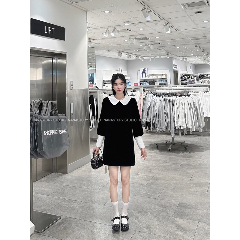 ĐẦM NHUNG ĐEN CỔ SEN TIỂU THƯ