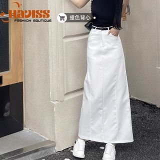 Chân váy dài Haviss dáng chữ a bigsize lưng cao đai lệch thiết kế xẻ tà sau vải demi jean mềm thời trang