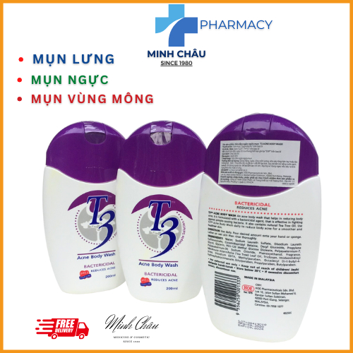 Sữa tắm giảm mụn lưng, mụn ngực, mụn mông, thâm mụn nang lông T3 Acne Body Wash 200ml.