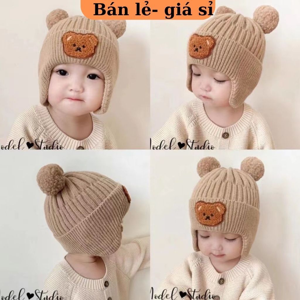 Mũ Len Cho Bé Trai Bé Gái 0-3 Tuổi Gấu 3D 2 Quả bông M57