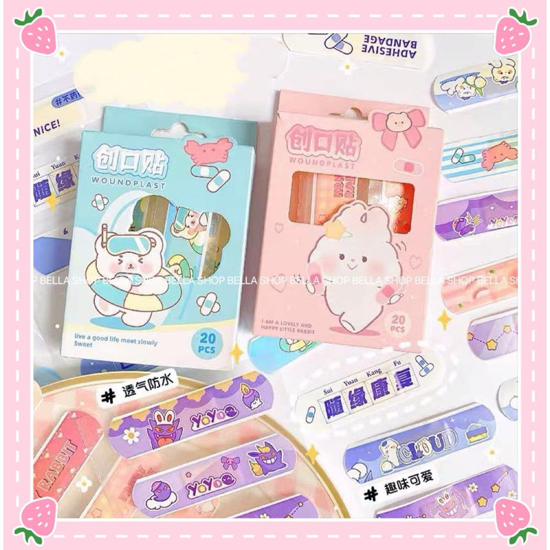 Hộp 20 Miếng Băng Cá Nhân Chống Nước Bảo Vệ Vết Thương Hoạ Tiết Hoạt Hình Dễ Thương