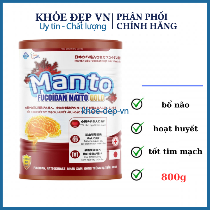 Sữa MANTO FUCOIDAN NATTO GOLD giúp cung cấp dinh dưỡng,vitamin, khoáng chất, tăng sức khỏe tốt cho tim mạch hộp 800g