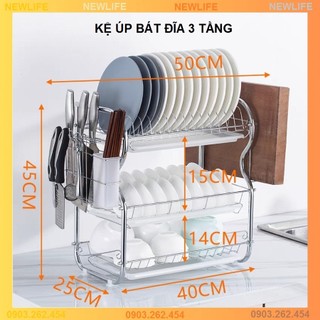 Kệ úp bát đĩa 3 tầng, chất liệu inox( được tặng kèm ống đũa, giá để dao thớt)