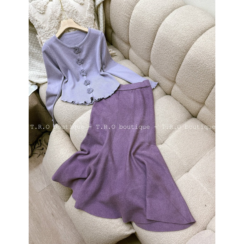 Sét áo len vạt tôm cúc hoa + chân váy đuôi cá