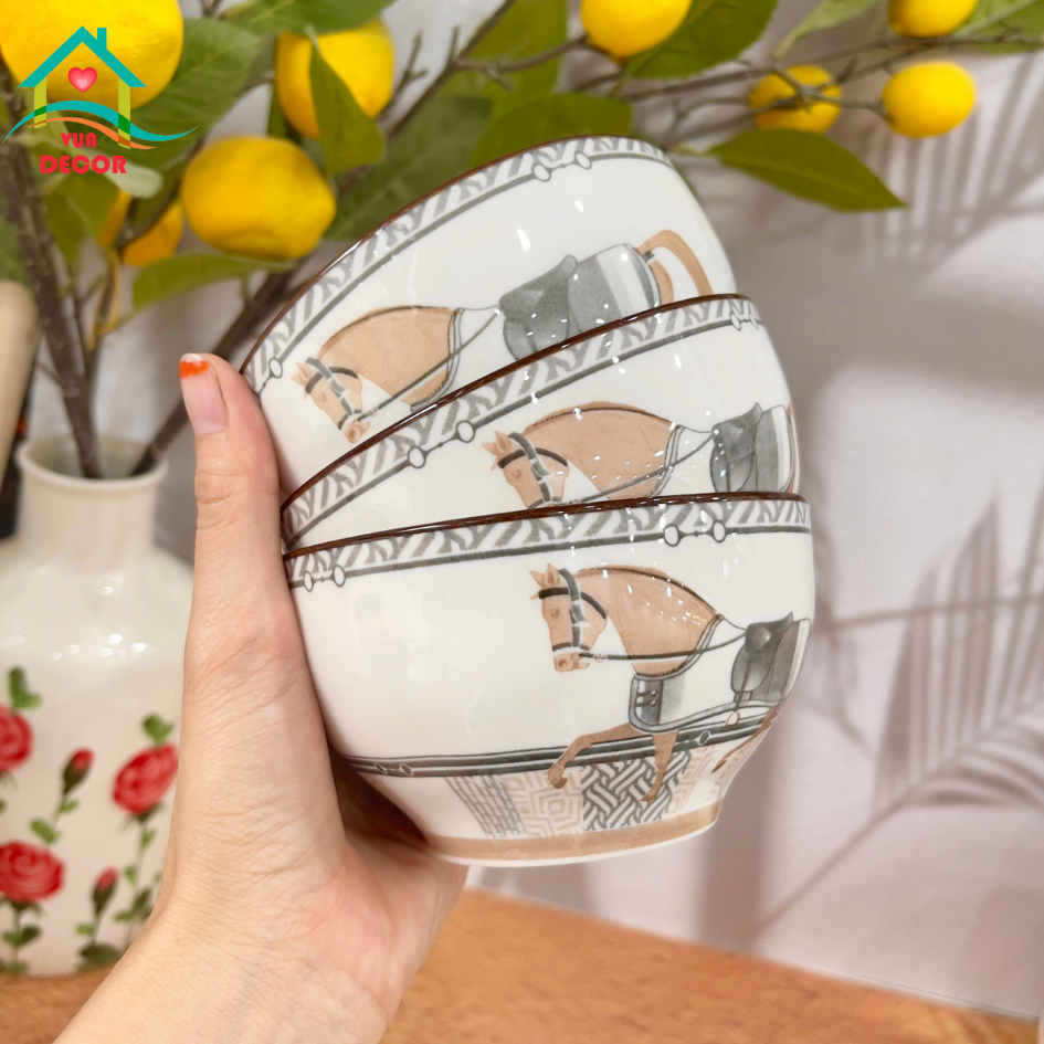 Bộ bát đĩa sứ Ngựa La Mã-chén bát Decor-bộ bát ăn cơm dễ thương phủ men bóng viền nâu cao cấp,chén dĩa sứ VuaDecor