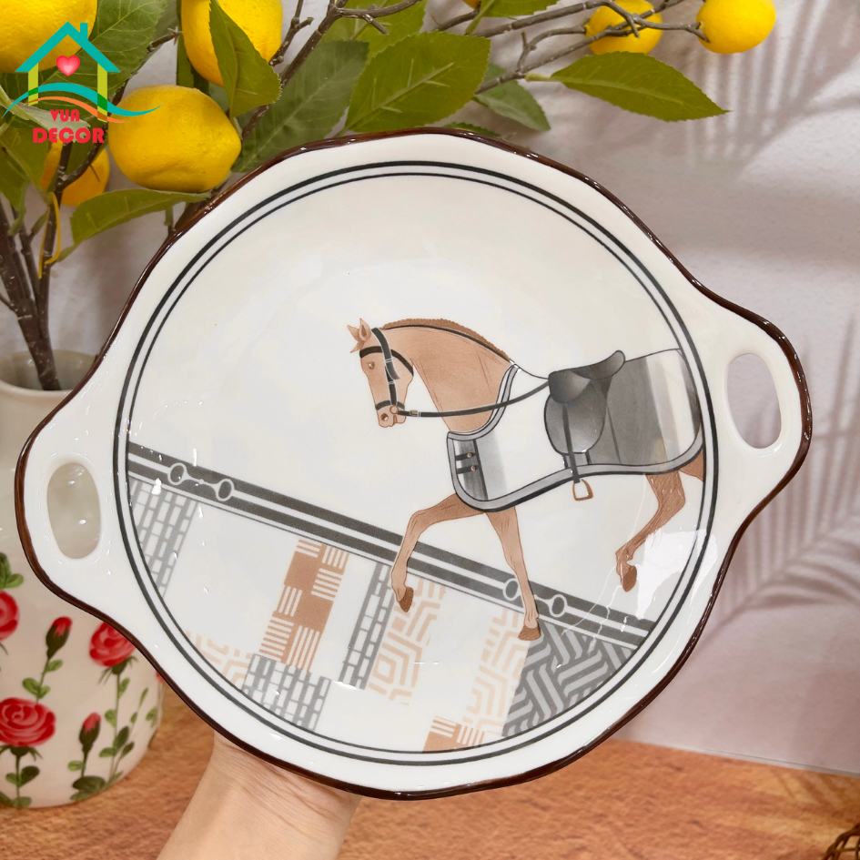 Bộ bát đĩa sứ Ngựa La Mã-chén bát Decor-bộ bát ăn cơm dễ thương phủ men bóng viền nâu cao cấp,chén dĩa sứ VuaDecor