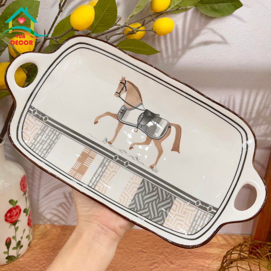 Bộ bát đĩa sứ Ngựa La Mã-chén bát Decor-bộ bát ăn cơm dễ thương phủ men bóng viền nâu cao cấp,chén dĩa sứ VuaDecor